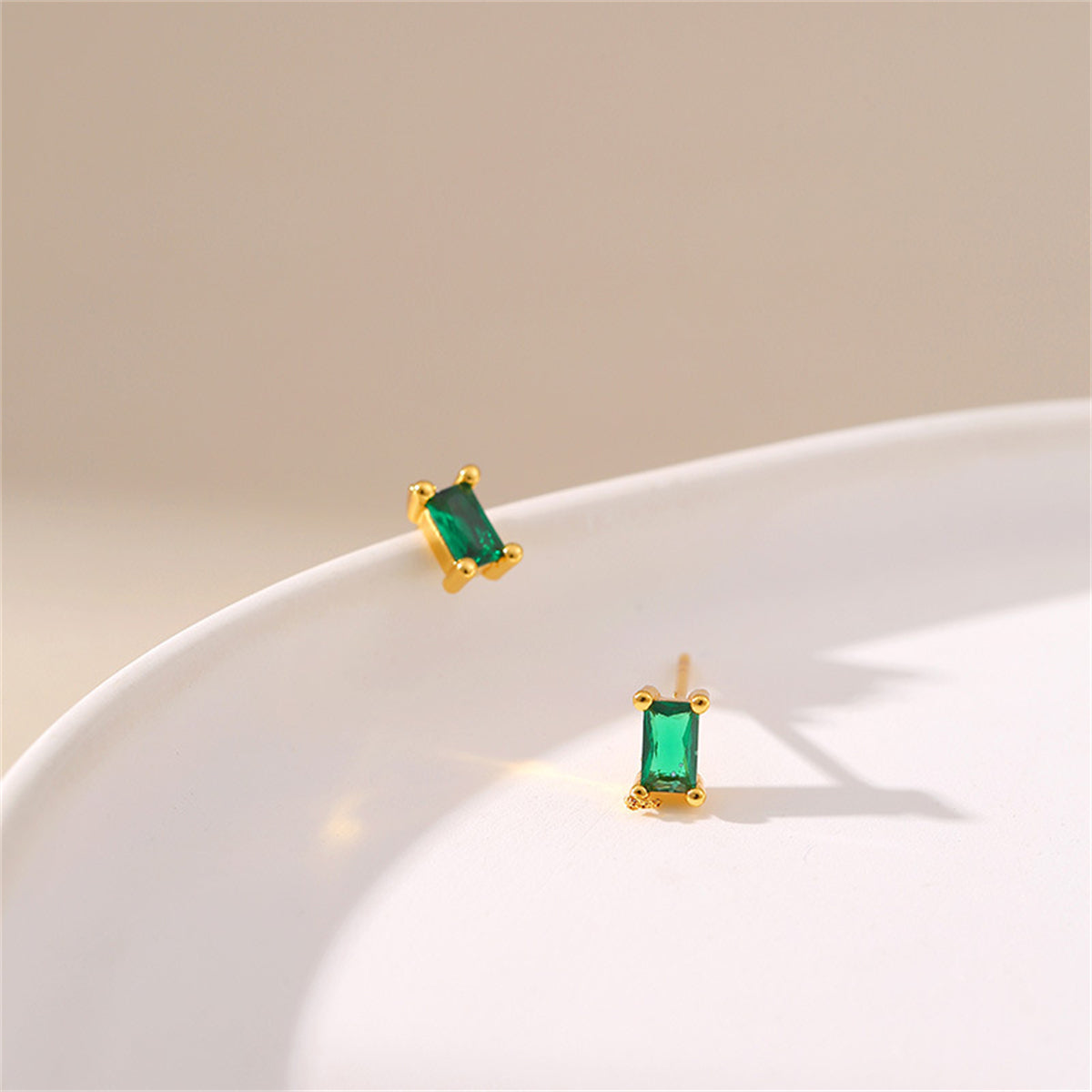 Green Crystal and 18K Gold-Plated Rectangle Stud Earrings, gold stud earrings for women, everyday style, styled look