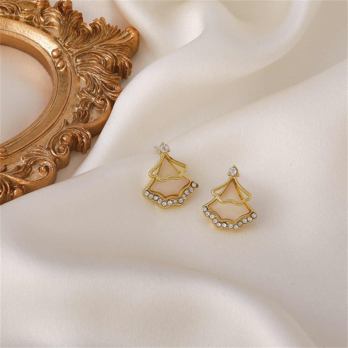 Cubic Zirconia and 18K Gold-Plated Stacked Christmas Tree Drop Earrings, gold stud earrings for women, front view