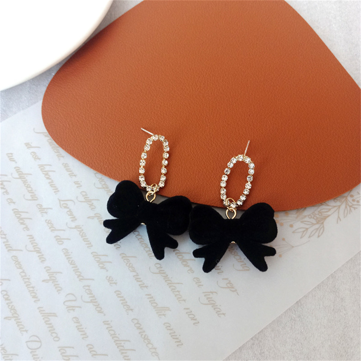 Black Velvet and Cubic Zirconia Oval Bow Drop Earrings, drop earrings for women, dainty minimalist design, detail close-up