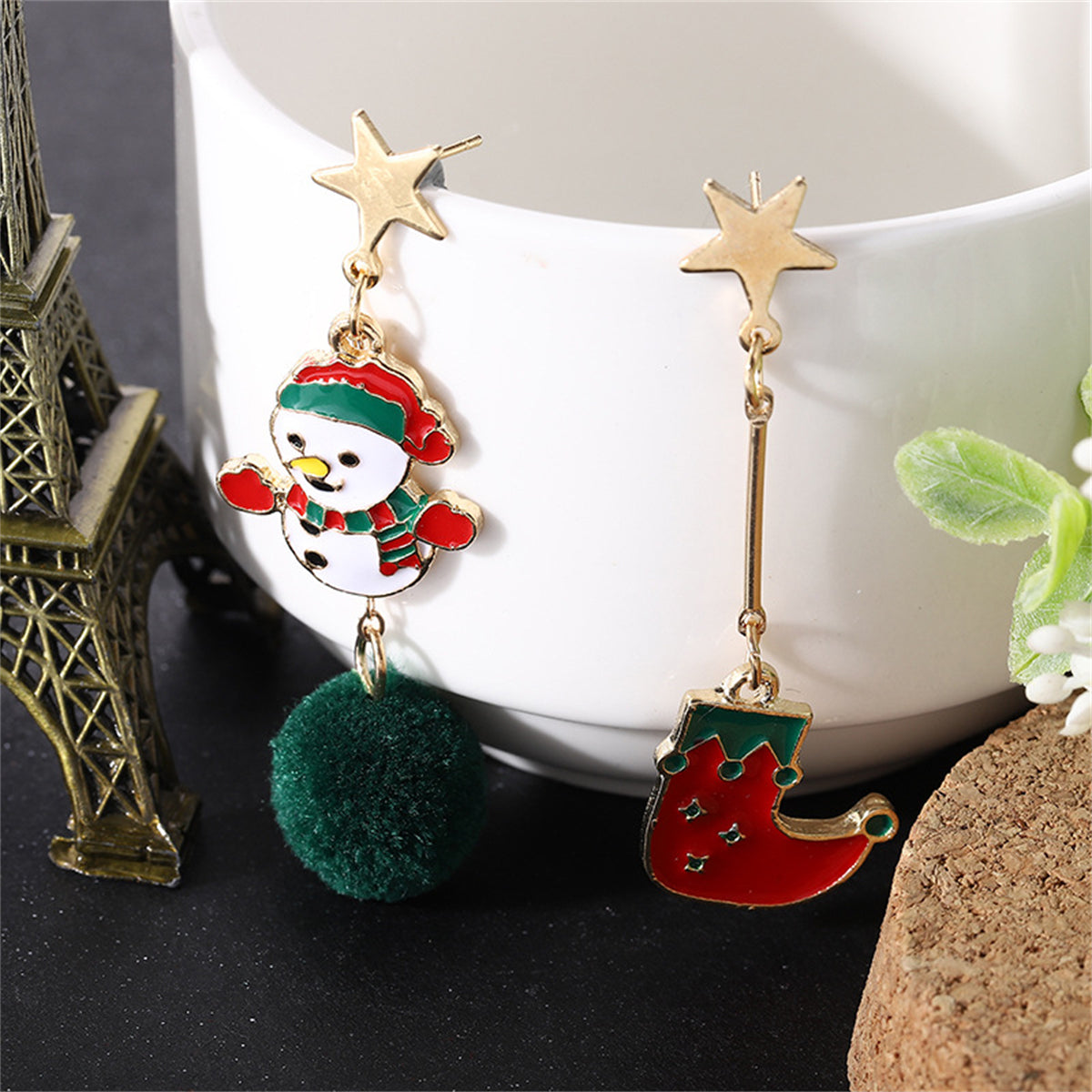 Red & Green Boot Snowman Pom-Pom Mismatch Drop Earrings
