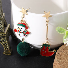 Red & Green Boot Snowman Pom-Pom Mismatch Drop Earrings
