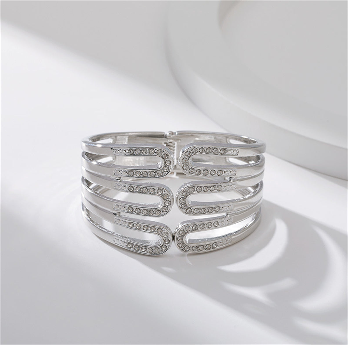 Cubic Zirconia and Silver-Plated Pin Layered Bangle, silver bangle bracelet, everyday style, side view