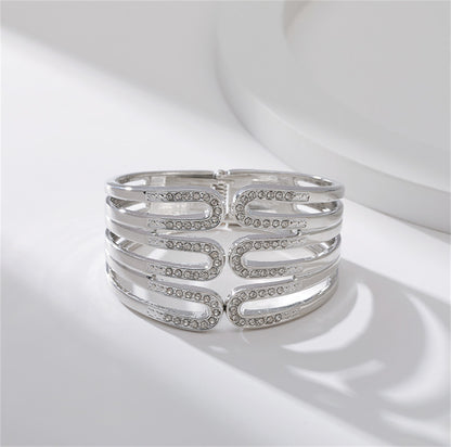 Cubic Zirconia and Silver-Plated Pin Layered Bangle, silver bangle bracelet, everyday style, side view