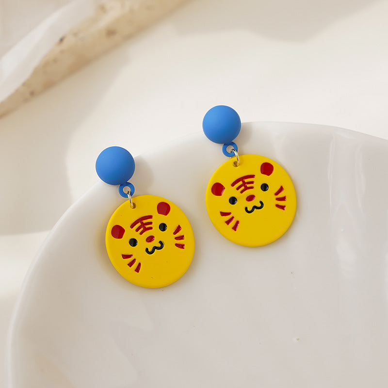 Silver-Plated and Yellow Enamel Tiger Dangle Earring, silver drop earrings for women, everyday style, detail close-up