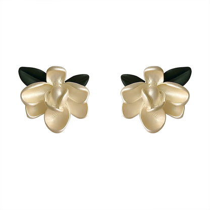 Pink Enamel and Silver-Plated Flower Stud Earrings, silver stud earrings for women, botanical inspired, front view