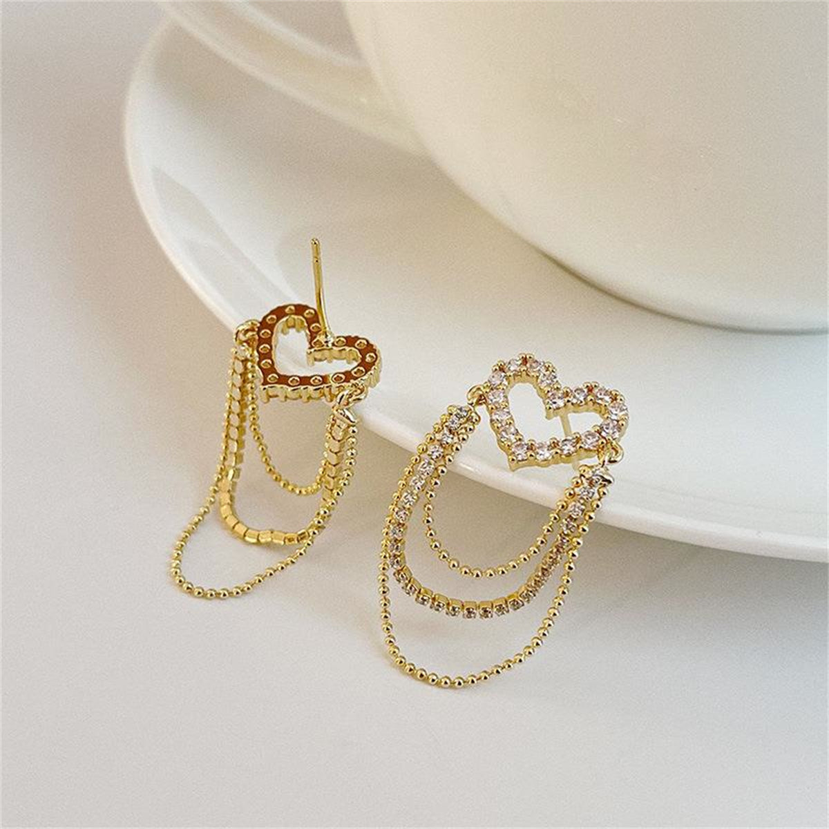 Cubic Zirconia and 18K Gold-Plated Heart Bead Tassel Drop Earrings, gold drop earrings for women, everyday style, side view