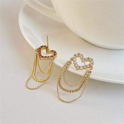 Cubic Zirconia and 18K Gold-Plated Heart Bead Tassel Drop Earrings, gold drop earrings for women, everyday style, side view