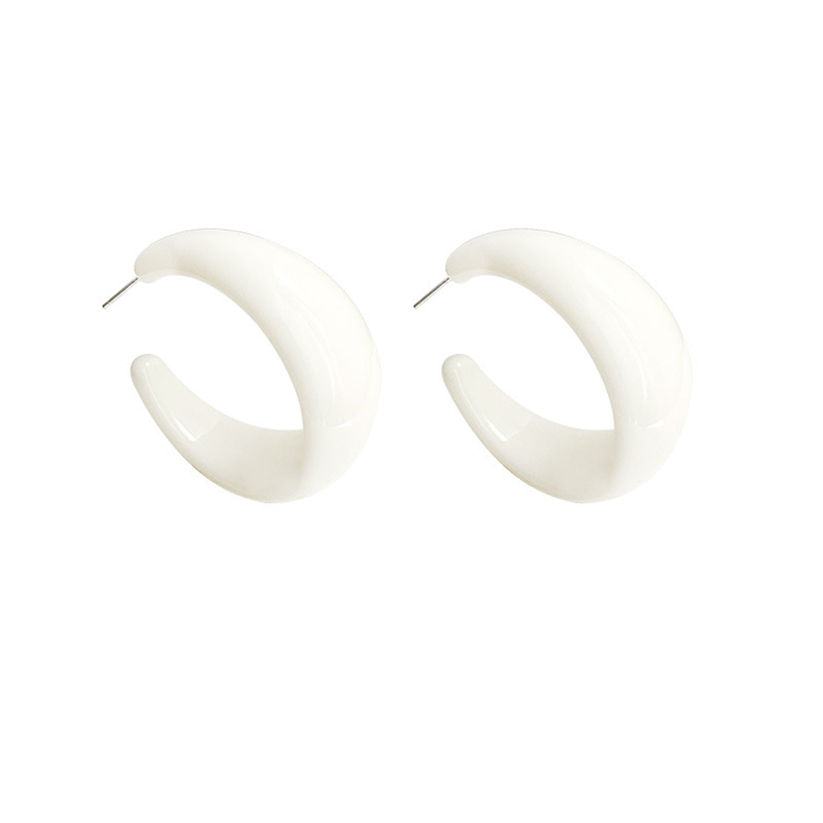 White Resin and Silver-Plated Chunky C-Shaped Huggie Earrings, silver huggie earrings, botanical inspired, front view