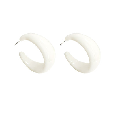 White Resin and Silver-Plated Chunky C-Shaped Huggie Earrings, silver huggie earrings, botanical inspired, front view