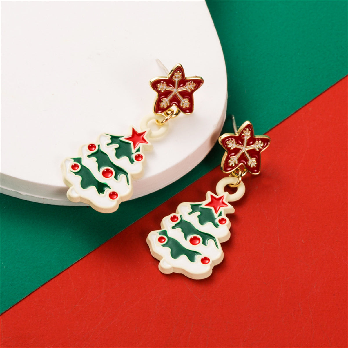 Enamel and 18K Gold-Plated Christmas Tree Dangle Earring, gold drop earrings for women, dainty minimalist design, side view