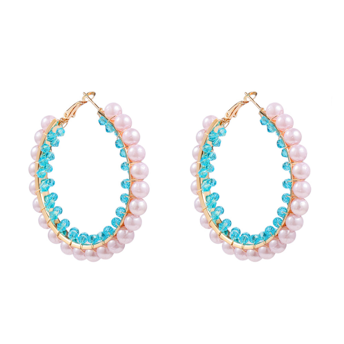 Blue Acrylic and Pearl 18K Gold-Plated Hoop Earrings, vintage-inspired design, front view