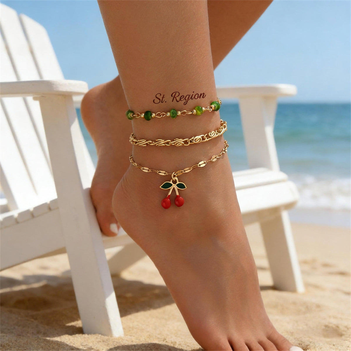 Green Quartz & Enamel Goldtone Cherry Charm Anklet Set - Street Region
