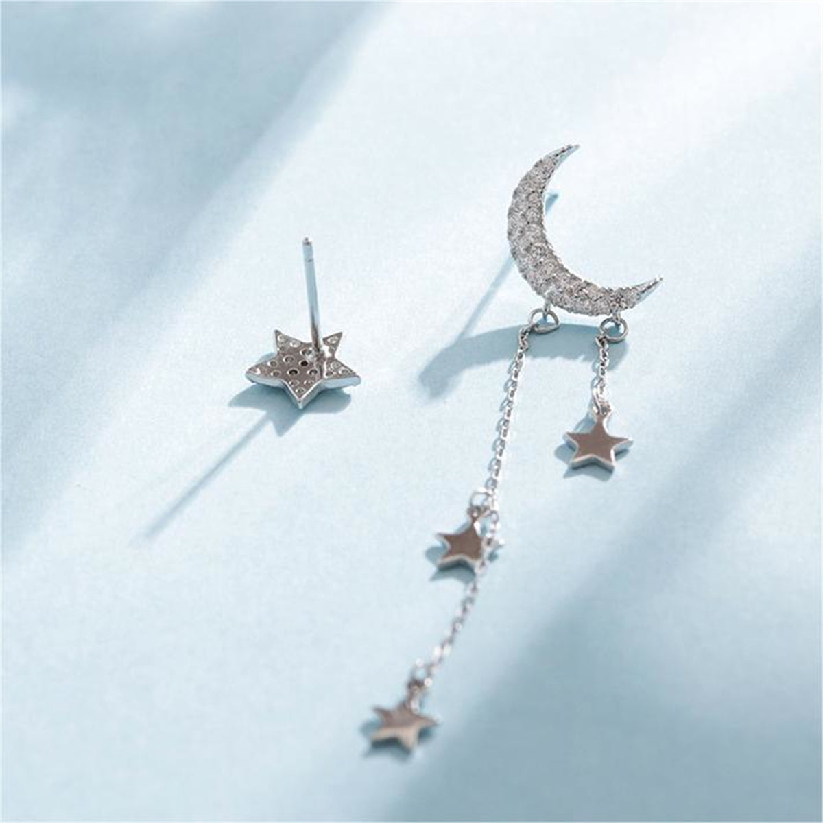 Cubic Zirconia & Silver-Plated Star Stud Earring & Moon Tassel Drop Earring