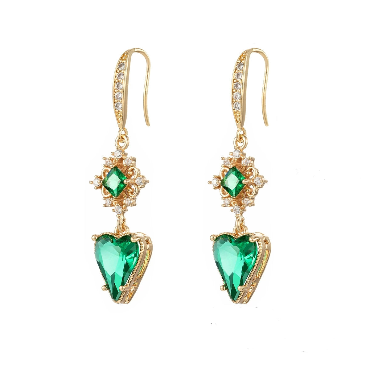 Green Crystal & Cubic Zirconia Goldtone Rhombus Heart Hook Earrings