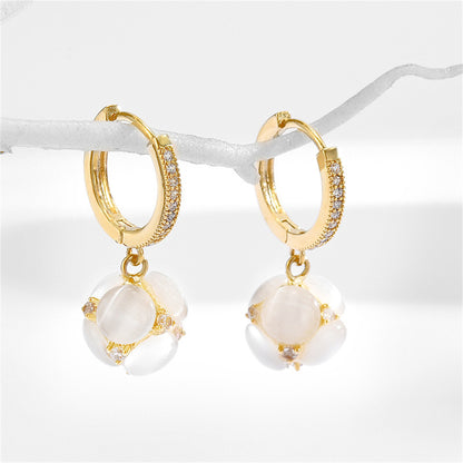 Cubic Zirconia and Cateye Floral Huggie Earrings, huggie earrings, vintage-inspired design, side view