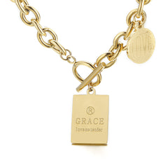 Stunning 18K gold-plated charm necklace showcasing the word "Grace," a beautiful accessory for any occasion.