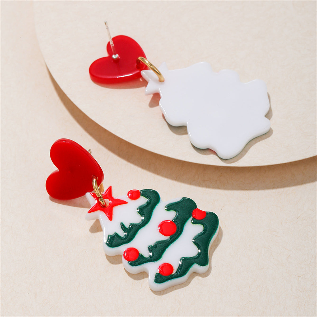 Red & White Heart Christmas Tree Drop Earrings