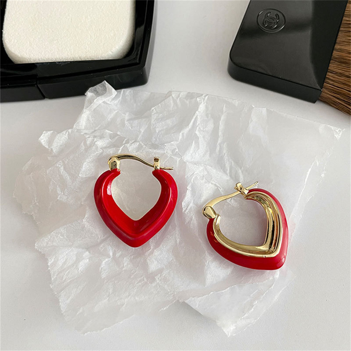 Red Enamel and 18K Gold-Plated Abstract Heart Hoop Earrings, gold stud earrings for women, front view
