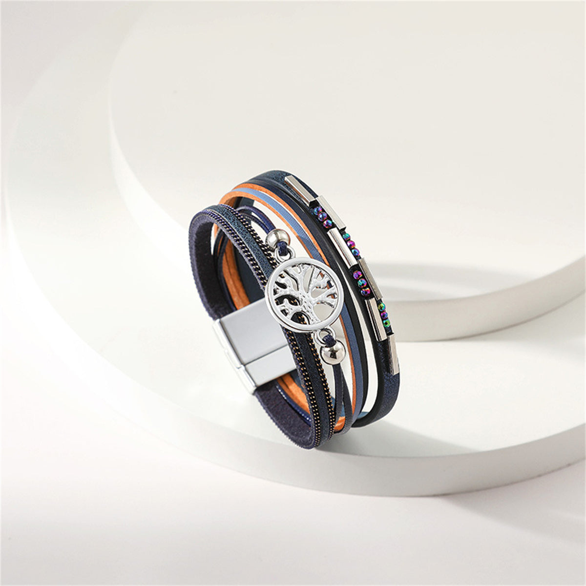 Iridescent Cubic Zirconia & Navy Tree Of Life Stacked Bracelet