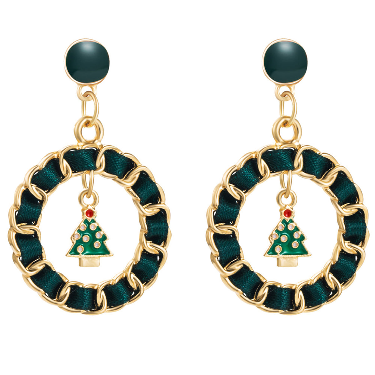 Black Ribbon and Enamel 18K Gold-Plated Christmas Tree Figaro Drop Earrings, gold drop earrings for women, side view