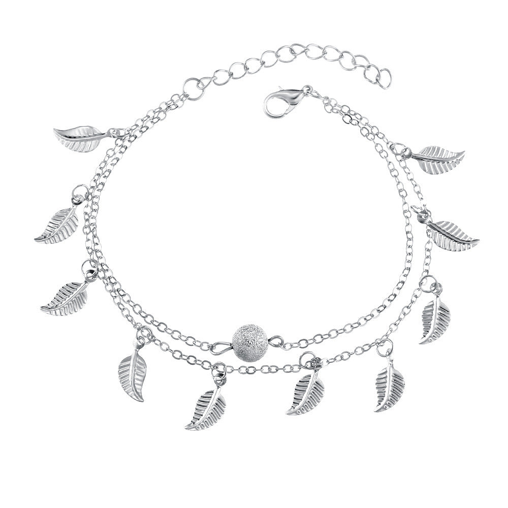 Silver-Plated Leaf Station Layered Anklet, silver anklet bracelet, everyday style, lifestyle look