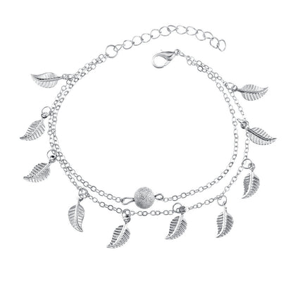 Silver-Plated Leaf Station Layered Anklet, silver anklet bracelet, everyday style, lifestyle look