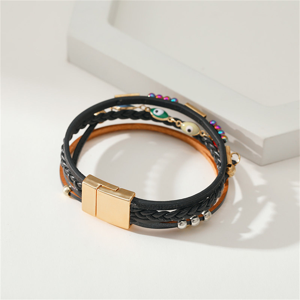 Black Polystyrene and 18K Gold-Plated Evil Eye Multistrand Cuff, gold bracelet for women, lifestyle look