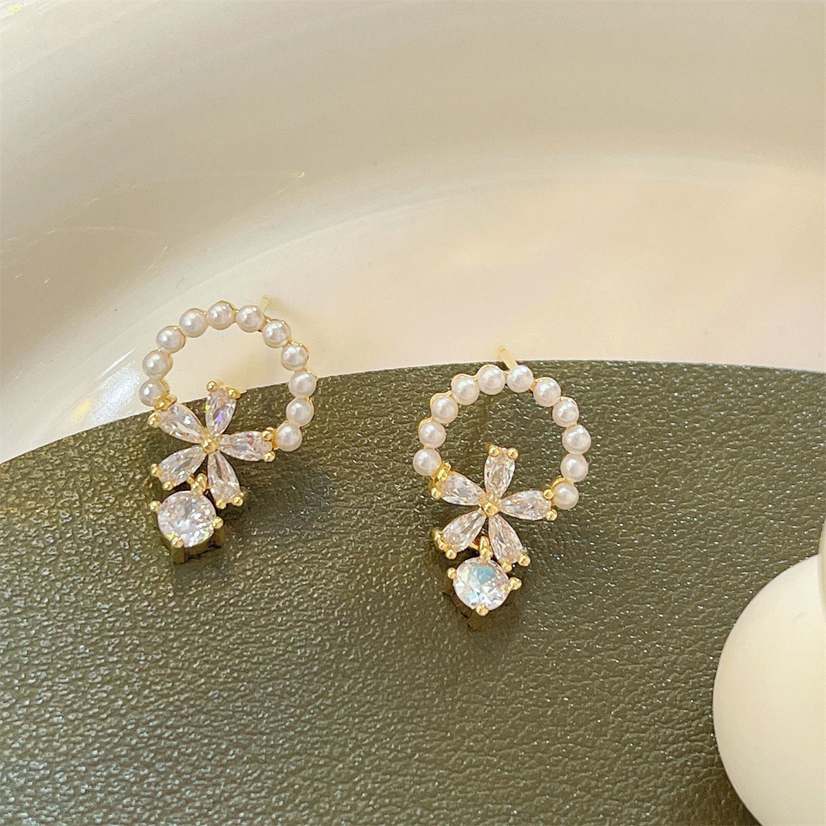 Crystal and Pearl 18K Gold-Plated Flower Drop Earrings, gold drop earrings for women, botanical inspired, front view