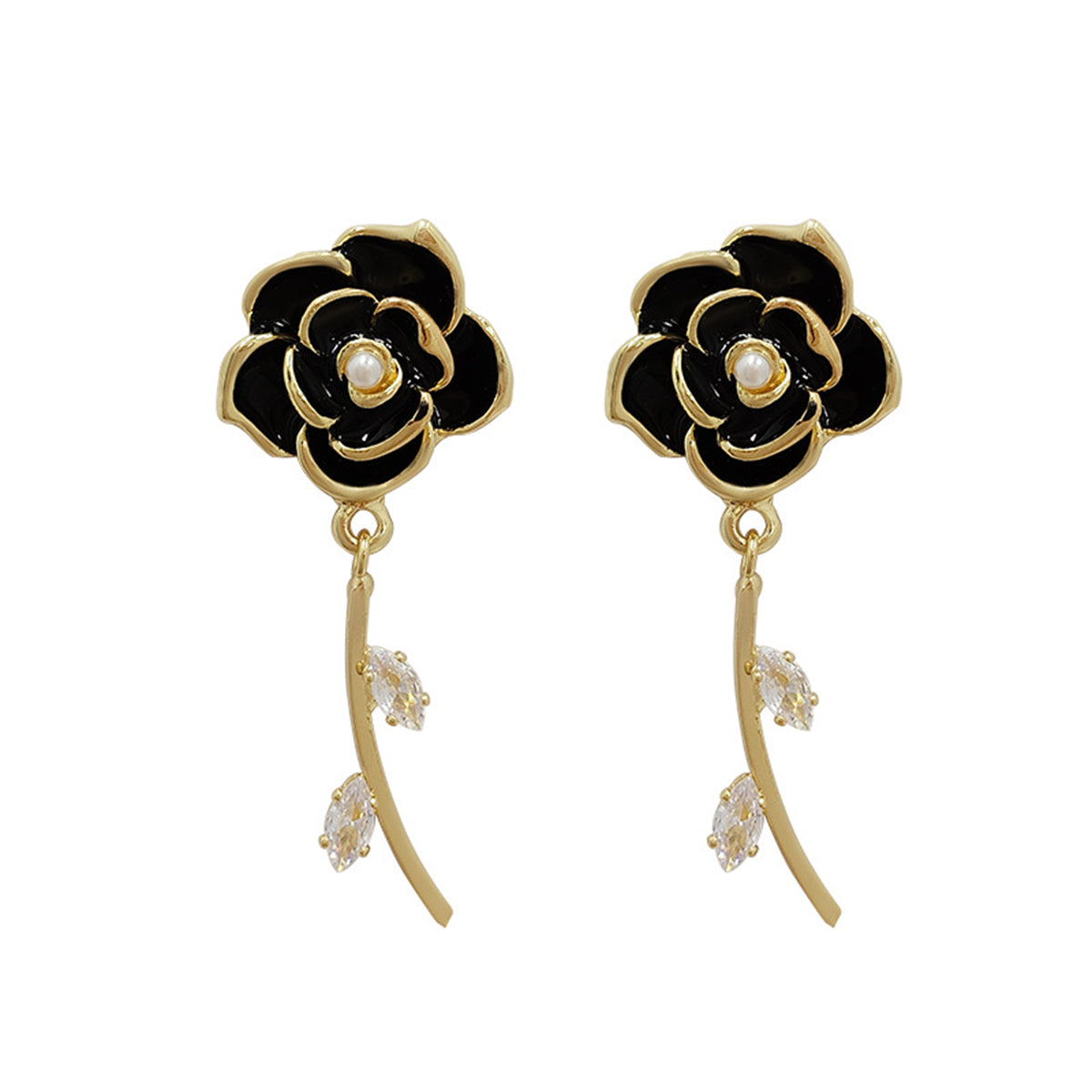 Black Enamel and Cubic Zirconia 18K Gold-Plated Floral Drop Earrings, gold drop earrings for women, front view