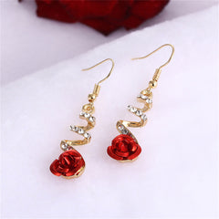 Red & Cubic Zirconia Swirl Rose Drop Earrings