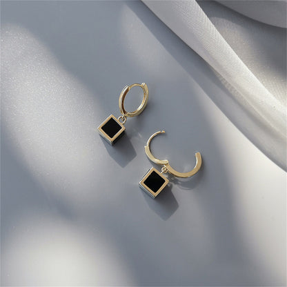 Black Acrylic and 18K Gold-Plated Cube Huggie Earrings, gold huggie earrings, elegant gift for her, front view