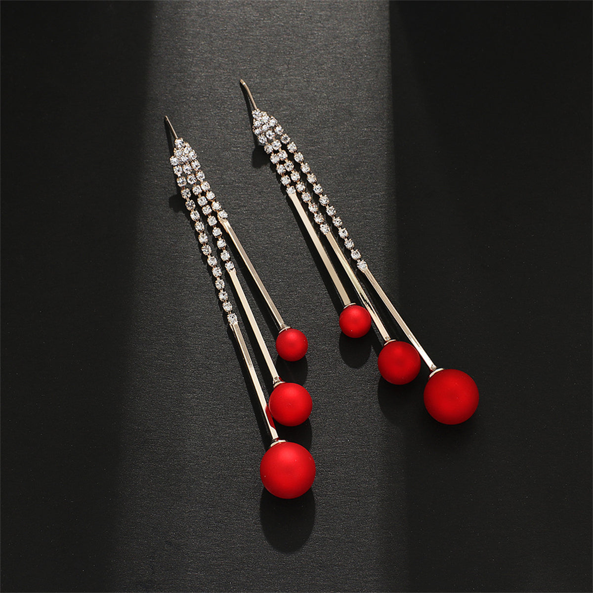 Red Resin and Cubic Zirconia Ball Tassel Drop Earrings, drop earrings for women, elegant gift for her, front view