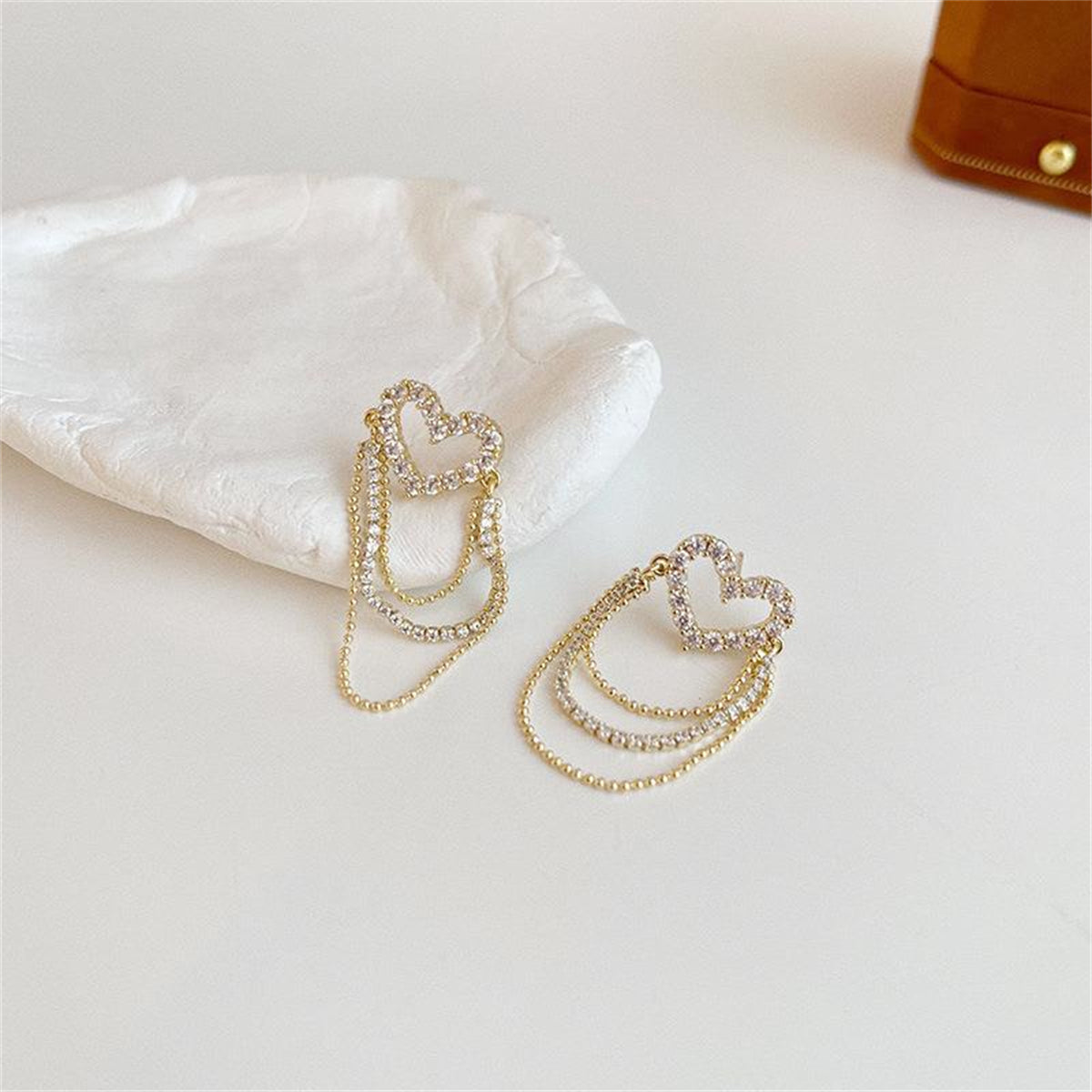 Cubic Zirconia and 18K Gold-Plated Heart Bead Tassel Drop Earrings, gold drop earrings for women, detail close-up