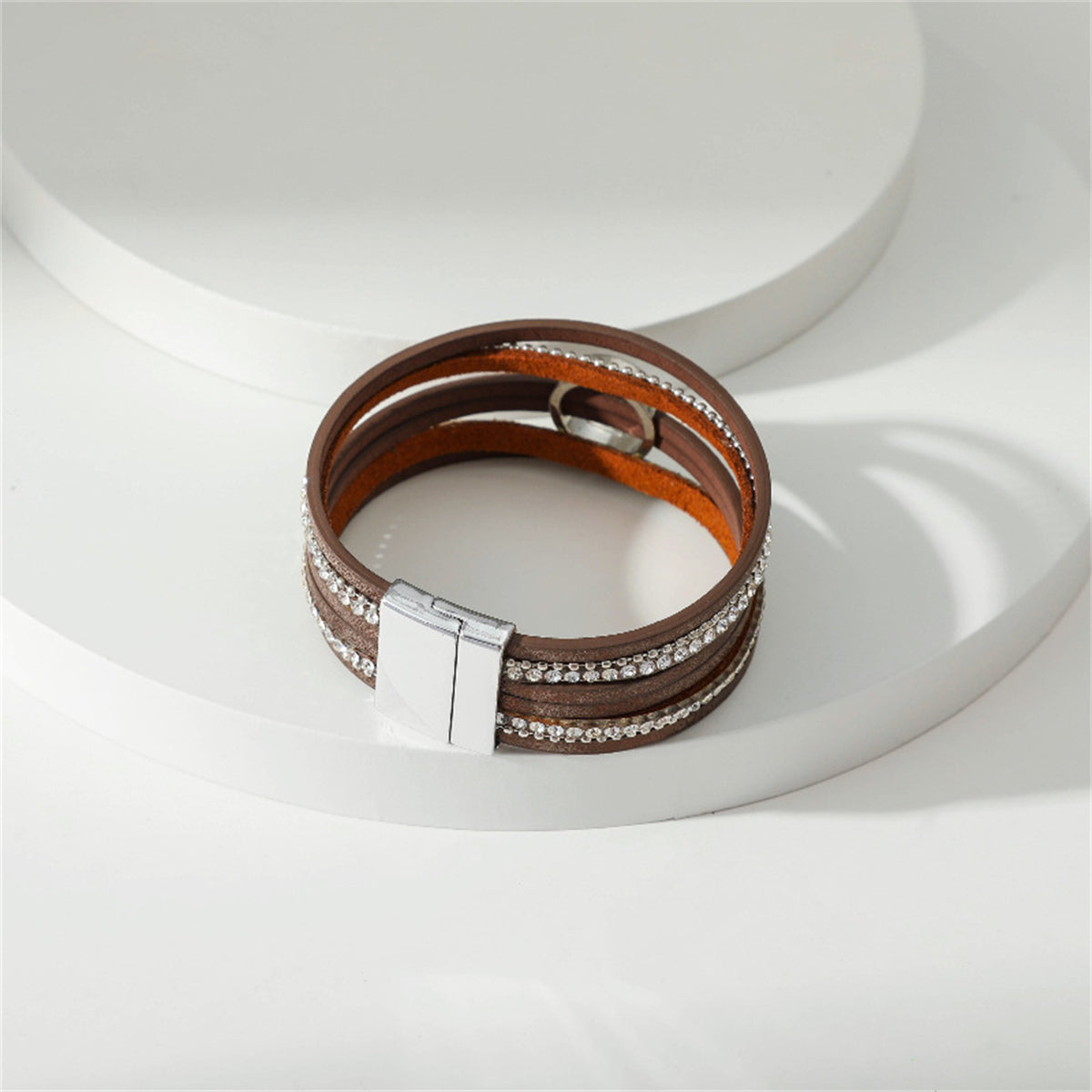Brown Polystyrene and Cubic Zirconia Silver-Plated Bead-Chain Circle-Charm Bangle, silver bracelet for women, side view