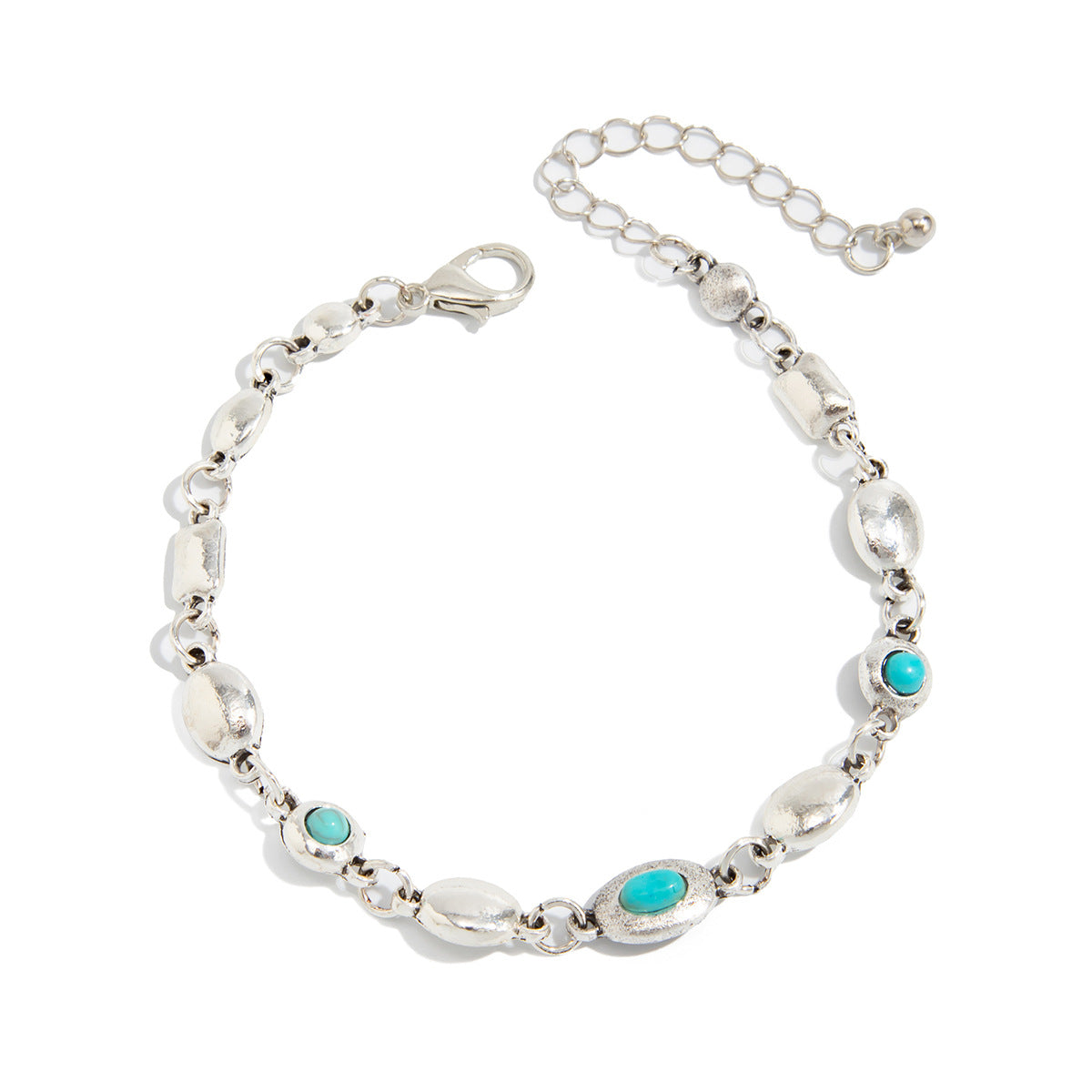 Turqouise and Silvertone Oval Round Station Bracelet, silver bracelet for women, everyday style, front view