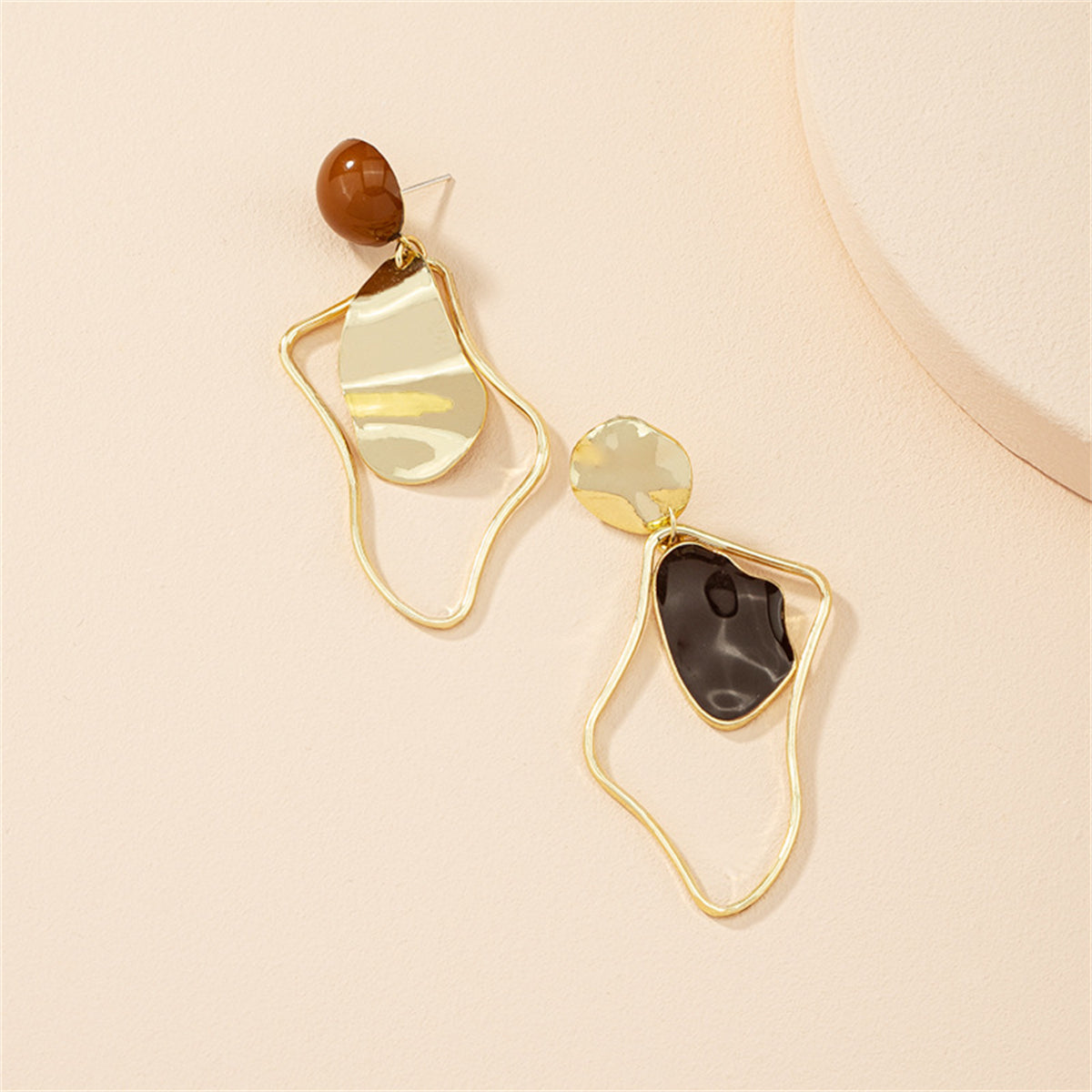 Black Enamel and 18K Gold-Plated Abstract Mismatched Drop Earrings, gold drop earrings for women, detail close-up