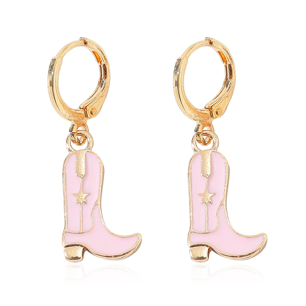 Pink Enamel and 18K Gold-Plated Star Boot Drop Earrings, gold huggie earrings, botanical inspired, front view