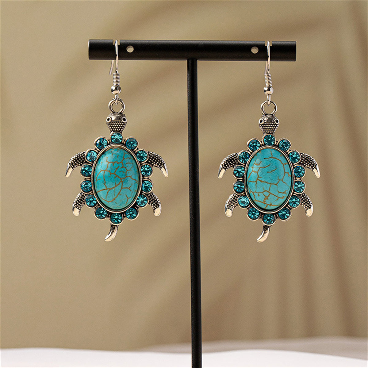 Blue Cubic Zirconia and Turquoise Sea Turtle Drop Earrings, drop earrings for women, everyday style, side view
