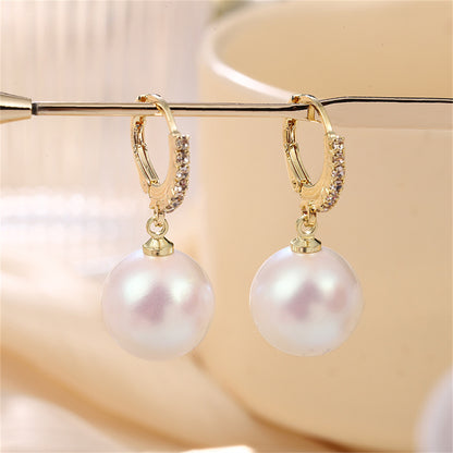 Cubic Zirconia and Pearl Huggie Drop Earrings, huggie earrings, dainty minimalist design, side view