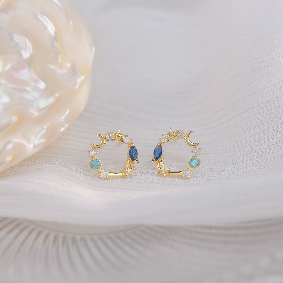 Blue Crystal and Cubic Zirconia 18K Gold-Plated Moon and Star Stud Earrings, gold stud earrings for women, styled look