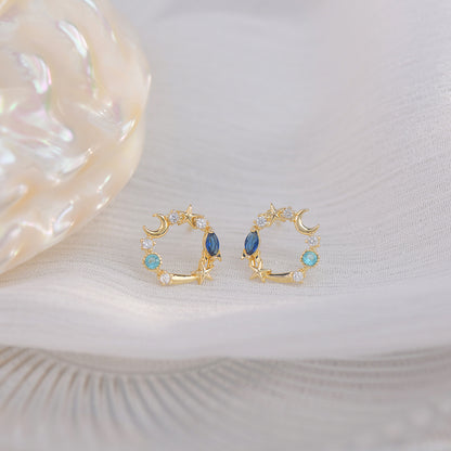 Blue Crystal and Cubic Zirconia 18K Gold-Plated Moon and Star Stud Earrings, gold stud earrings for women, styled look