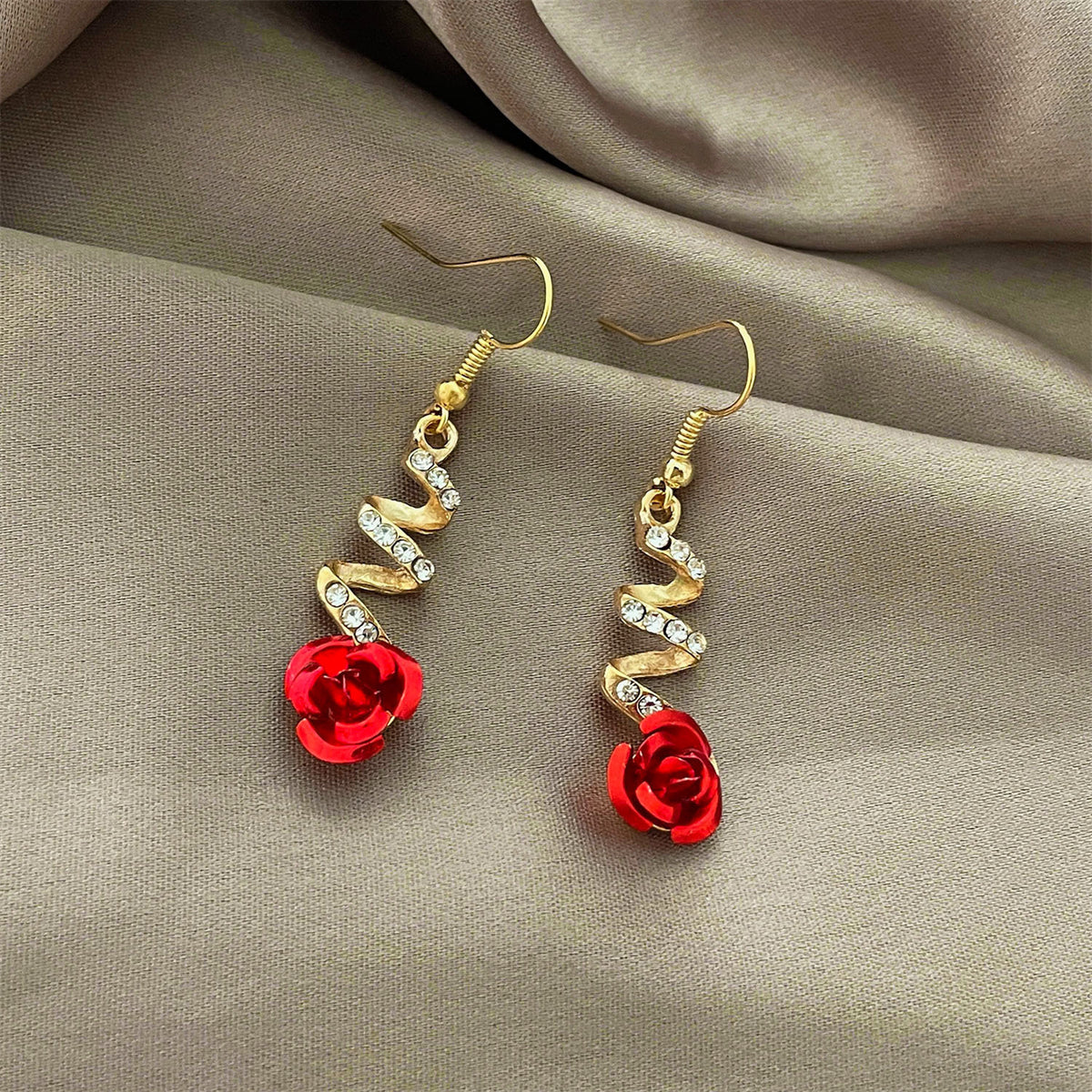 Red & Cubic Zirconia Swirl Rose Drop Earrings