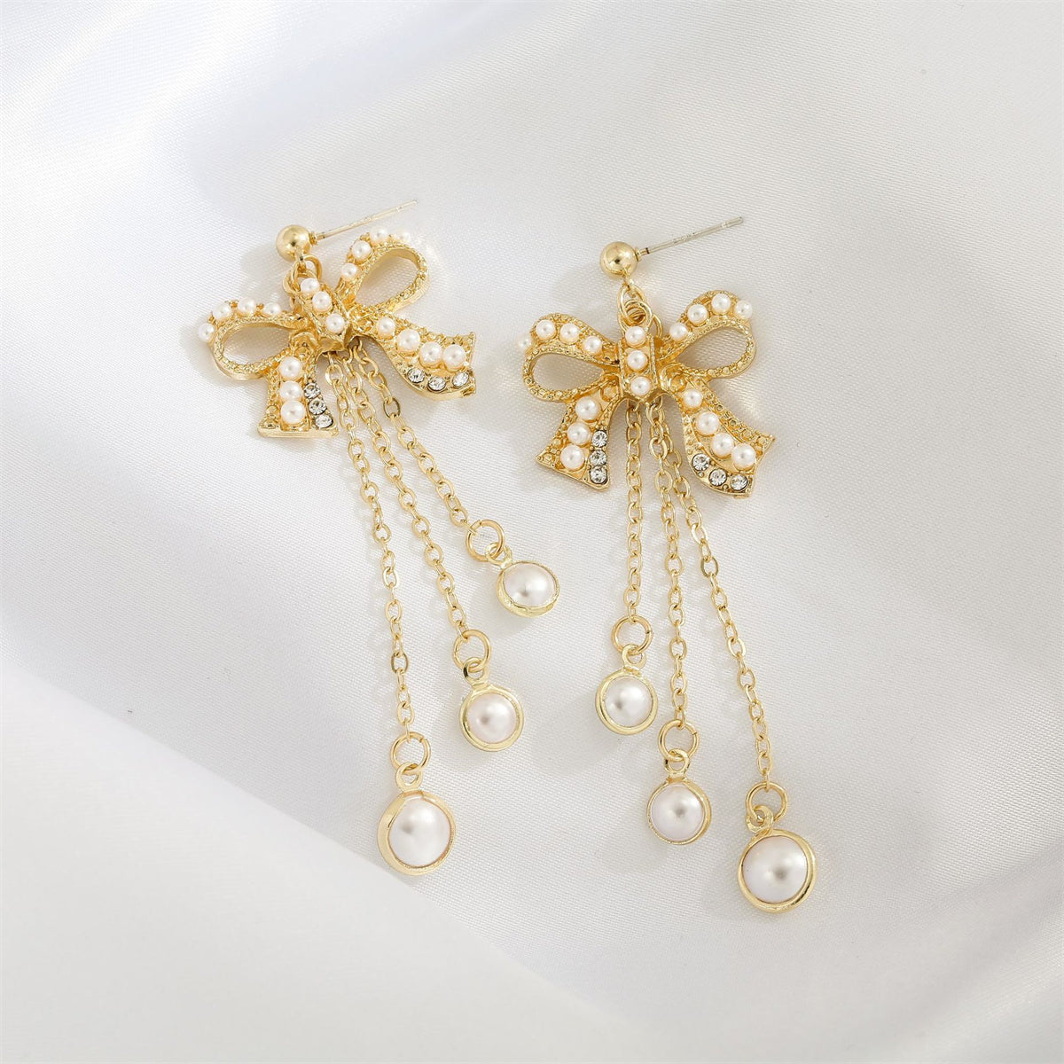 Pearl and Cubic Zirconia 18K Gold-Plated Bow Triple-Tassel Drop Earrings, gold drop earrings for women, lifestyle look