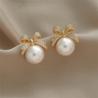 Cubic Zirconia & Pearl Bow Stud Earrings
