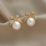 Cubic Zirconia & Pearl Bow Stud Earrings