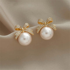 Cubic Zirconia & Pearl Bow Stud Earrings