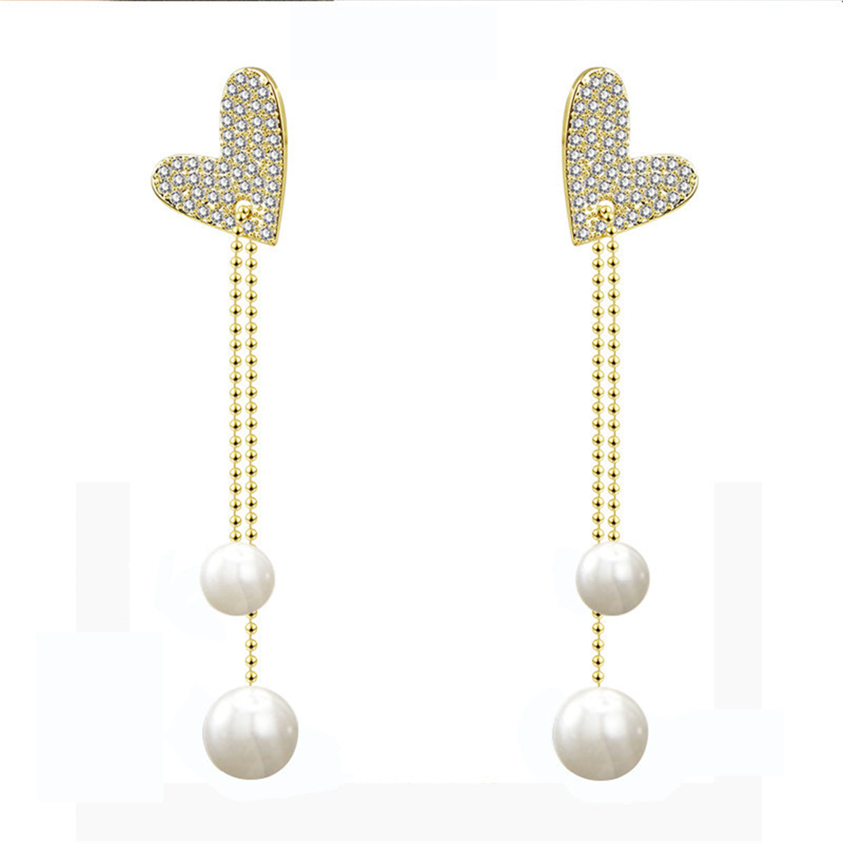 Cubic Zirconia and Pearl 18K Gold-Plated Heart Bead Drop Earrings, gold drop earrings for women, front view