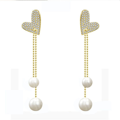 Cubic Zirconia and Pearl 18K Gold-Plated Heart Bead Drop Earrings, gold drop earrings for women, front view