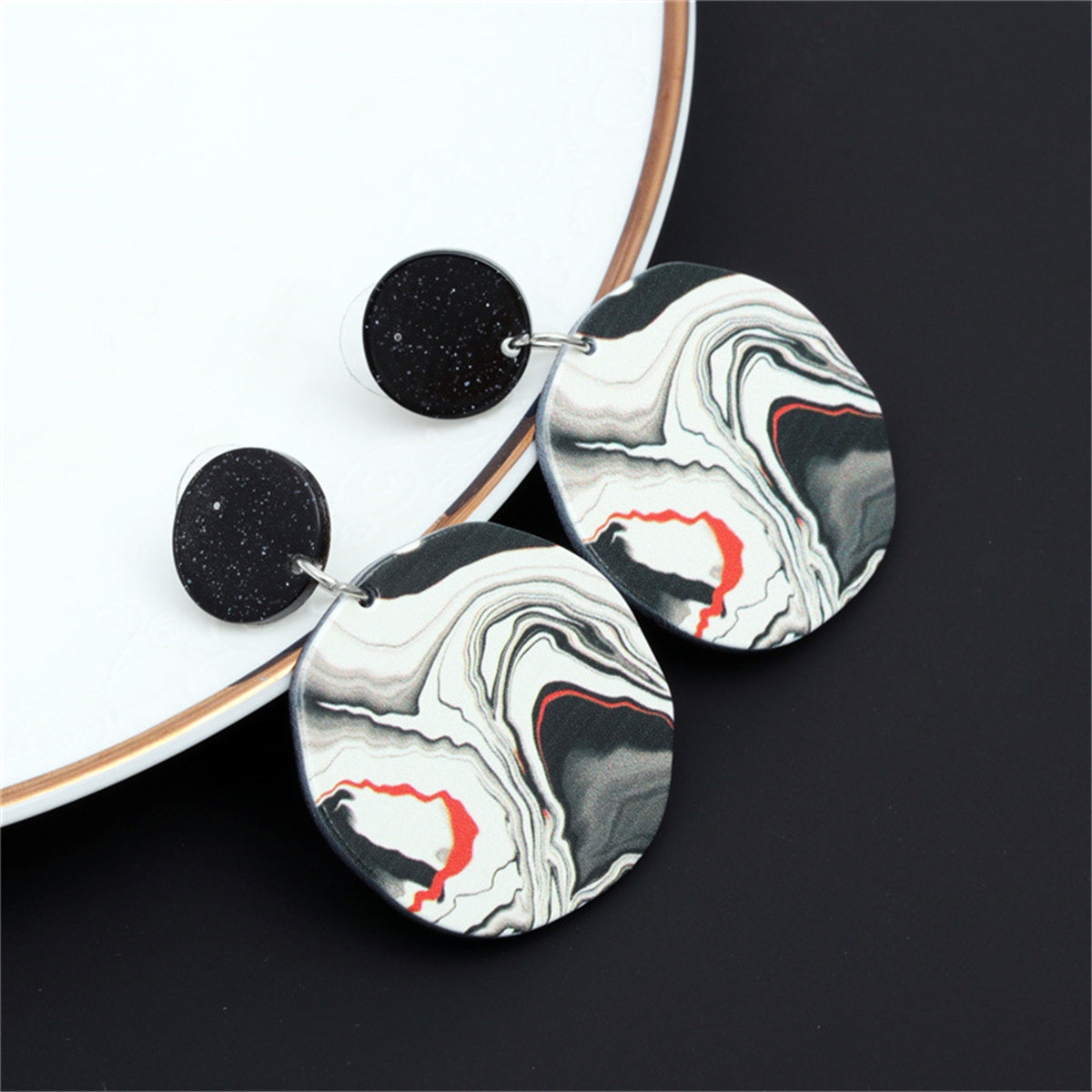 Black and White Acrylic Silver-Plated Marble-Texture Drop Earrings, silver drop earrings for women, side view