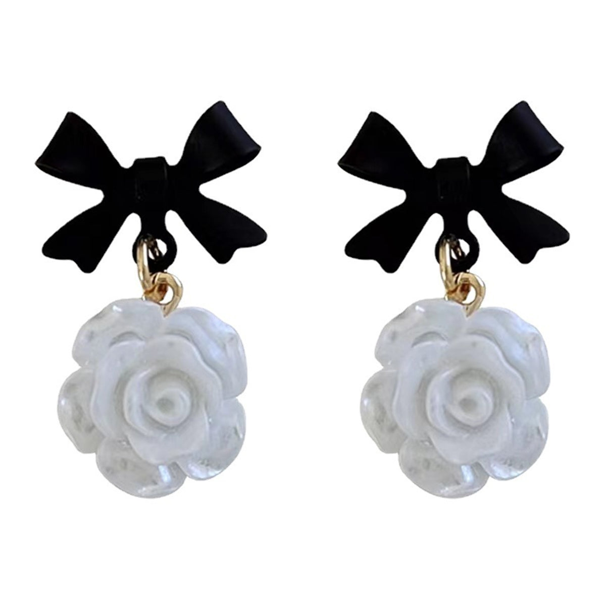 Black Enamel & Resin 18K Gold-Plated Bow Flower Drop Earrings
